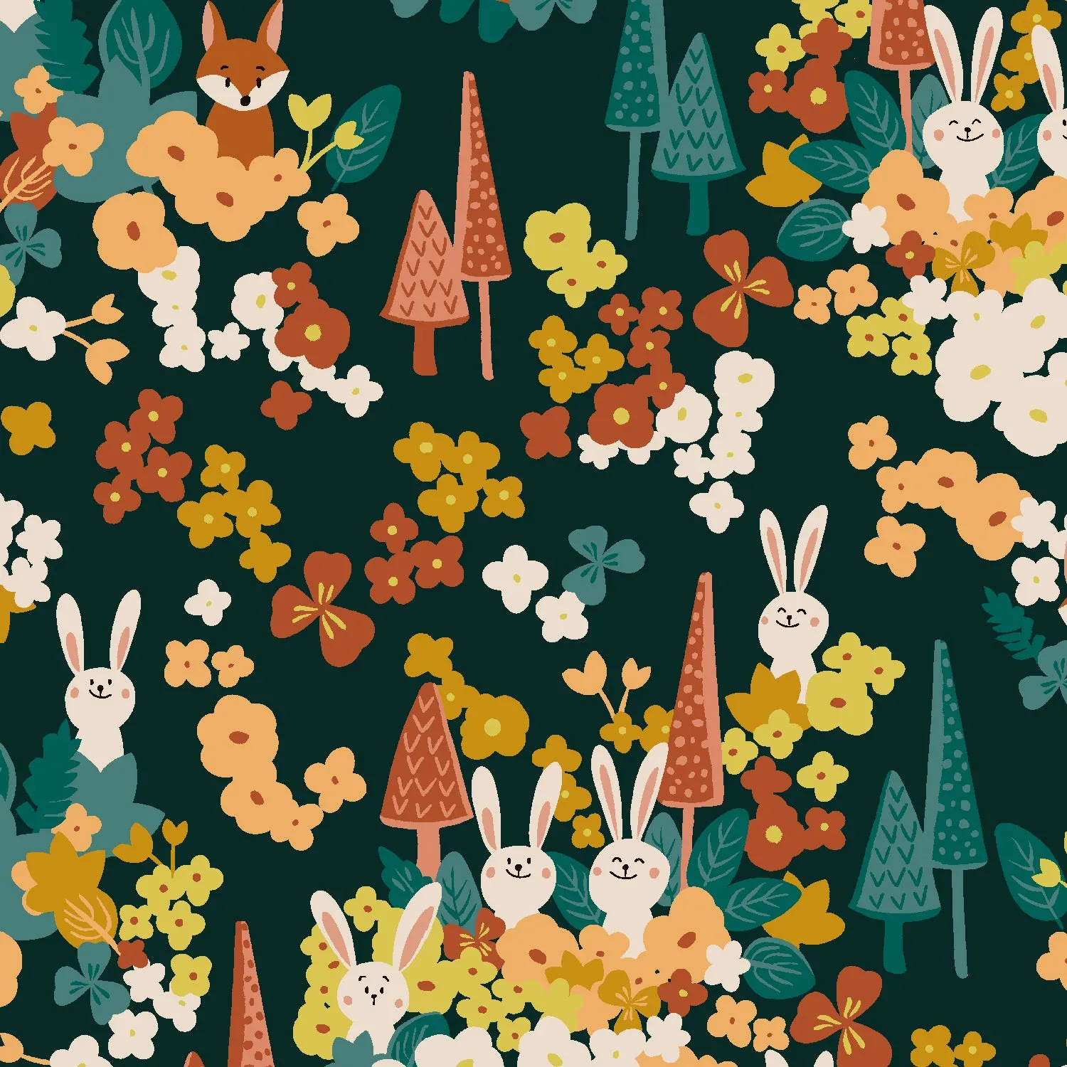 1/2 Yard - Neighboring Woods - Rabbit & Fox - Pine Green Fabric - RJ4500-PG1