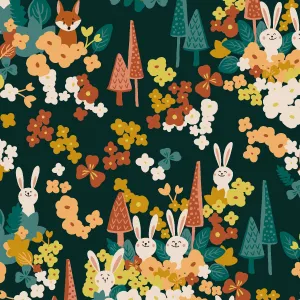 1/2 Yard - Neighboring Woods - Rabbit & Fox - Pine Green Fabric - RJ4500-PG1