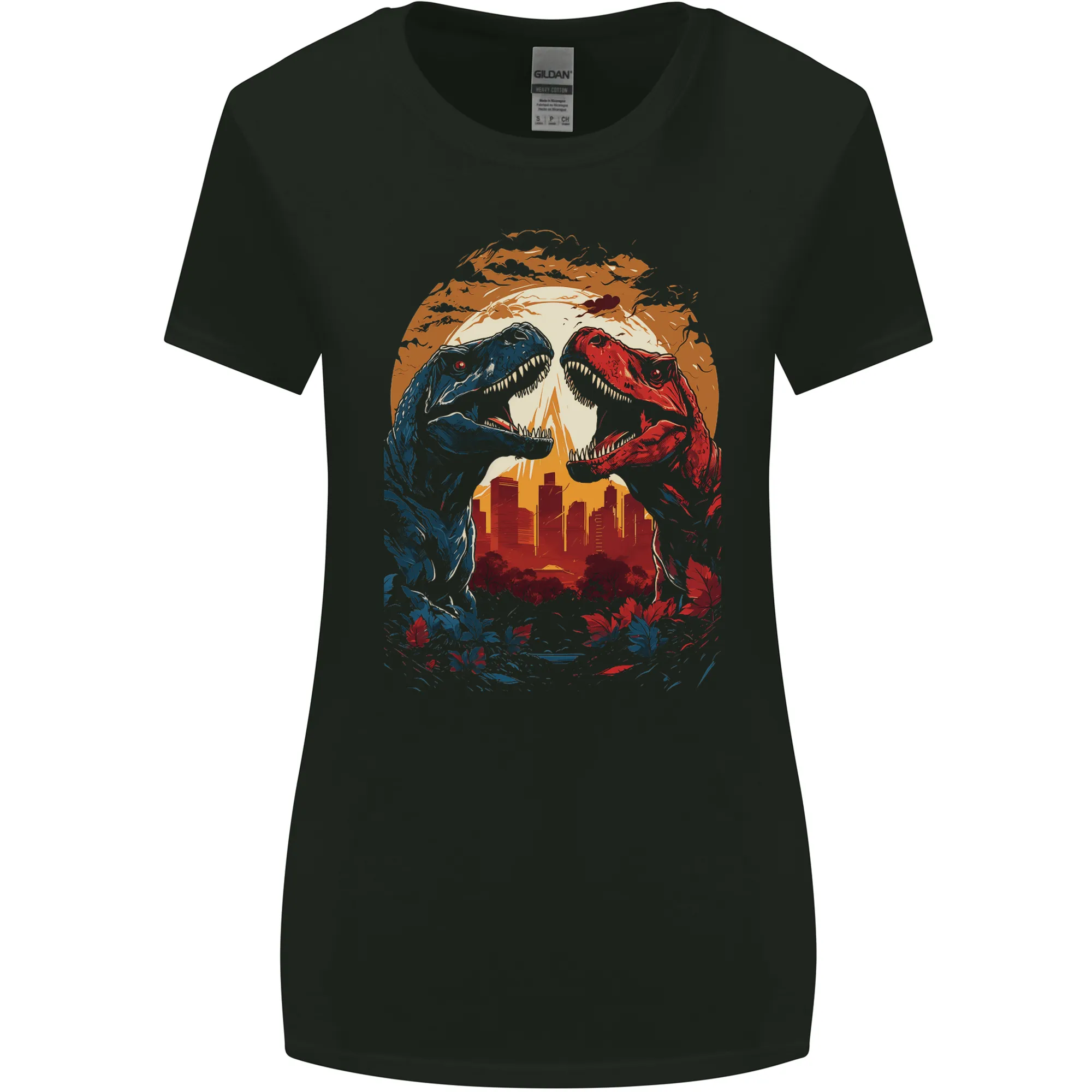 2 Dinosaurs With a Moon Backdrop T-Rex Lizard Womens Wider Cut T-Shirt