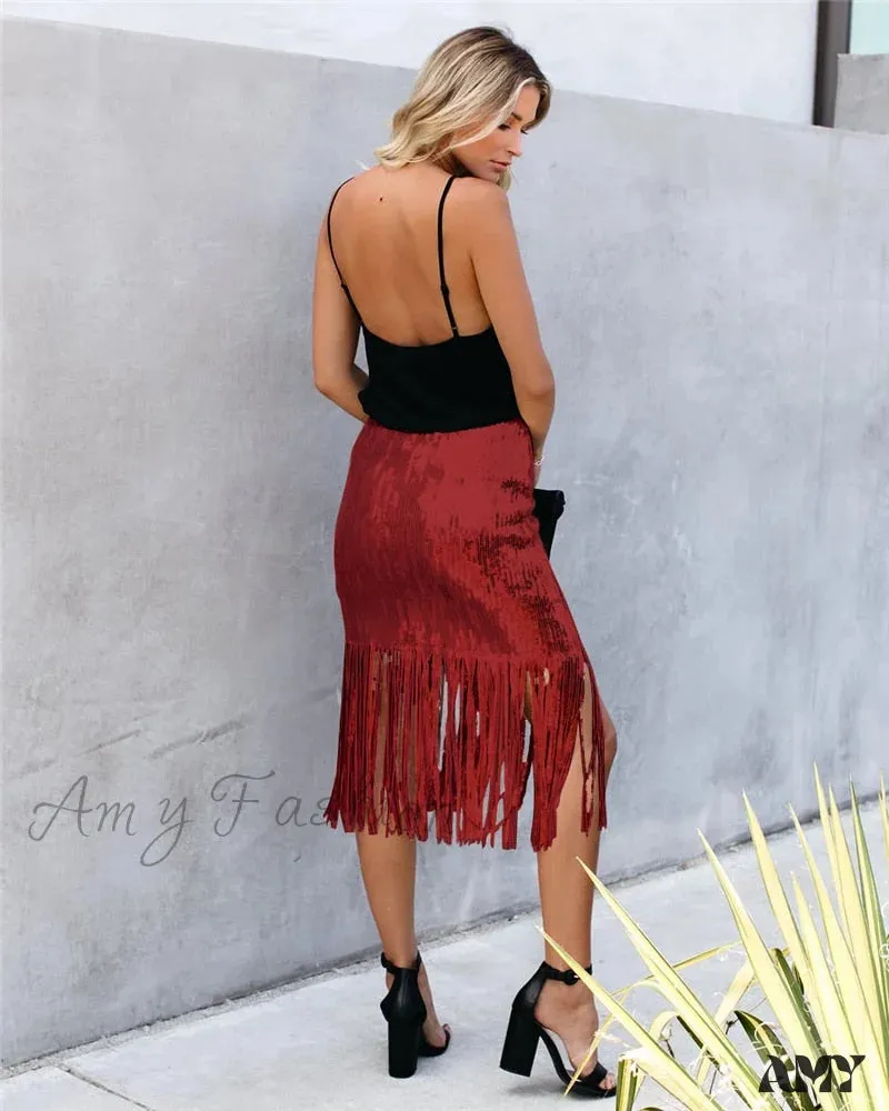 2024 Sequin Tassel Tight Midi Skirt
