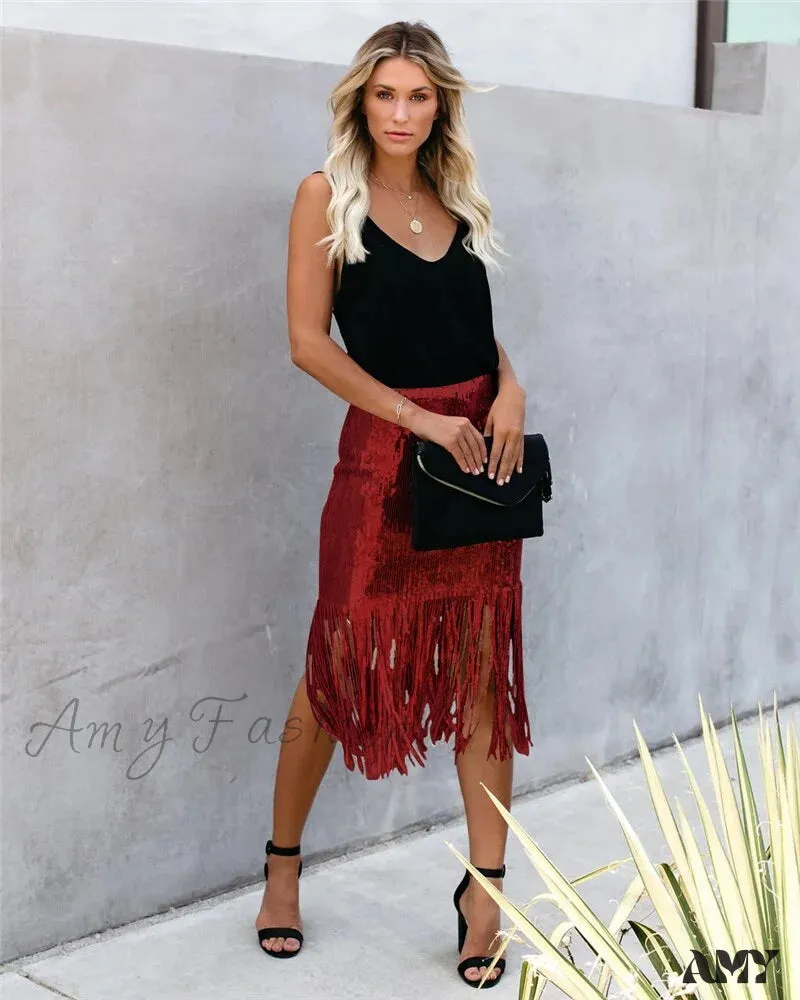 2024 Sequin Tassel Tight Midi Skirt