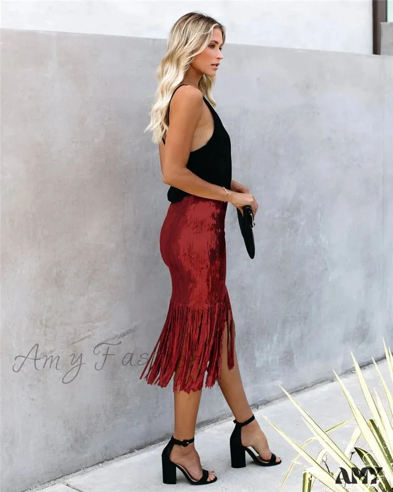 2024 Sequin Tassel Tight Midi Skirt