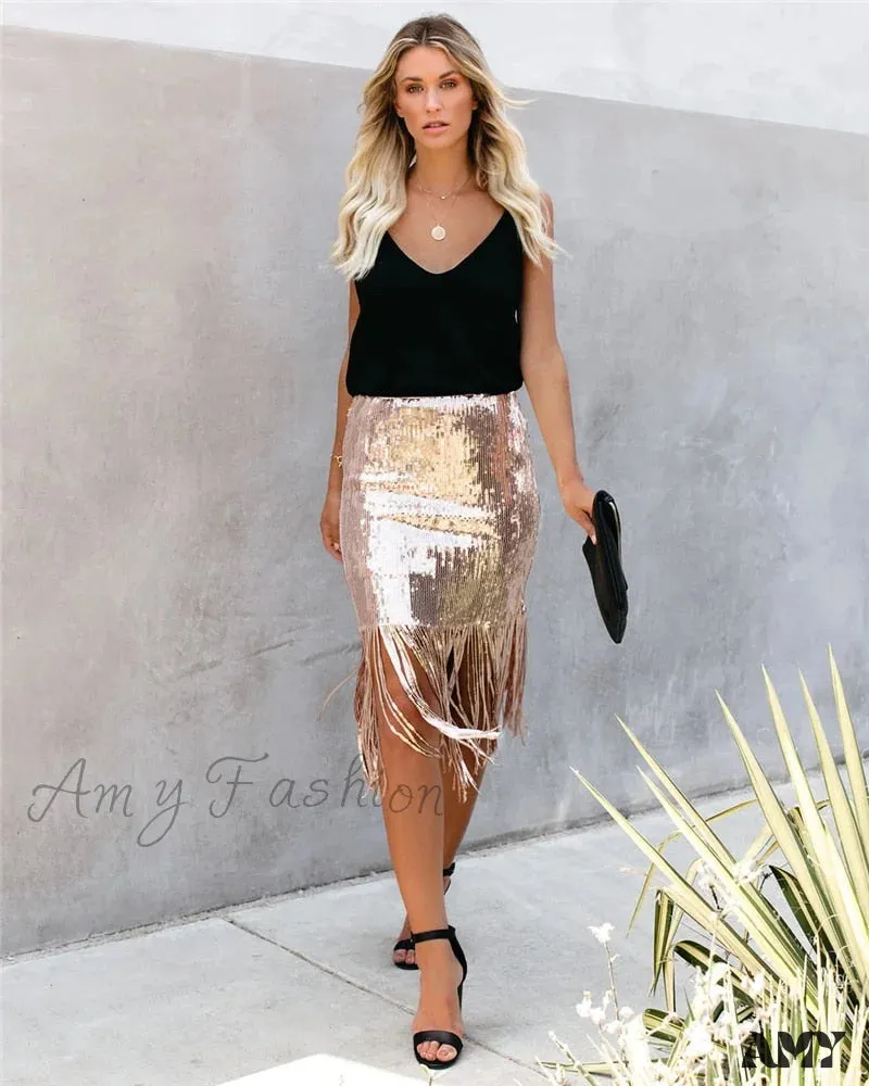 2024 Sequin Tassel Tight Midi Skirt
