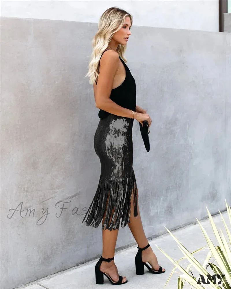 2024 Sequin Tassel Tight Midi Skirt