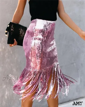 2024 Sequin Tassel Tight Midi Skirt