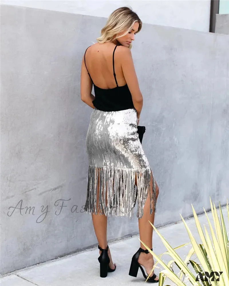 2024 Sequin Tassel Tight Midi Skirt