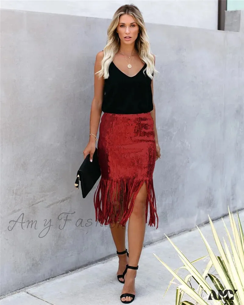 2024 Sequin Tassel Tight Midi Skirt