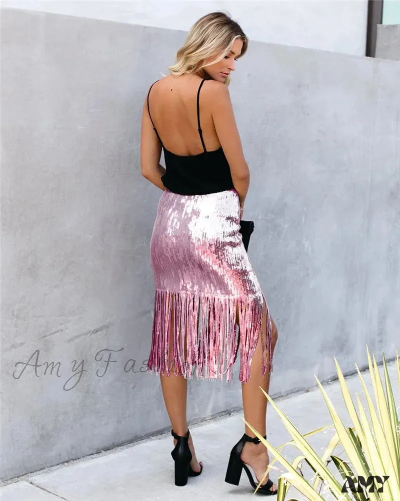2024 Sequin Tassel Tight Midi Skirt