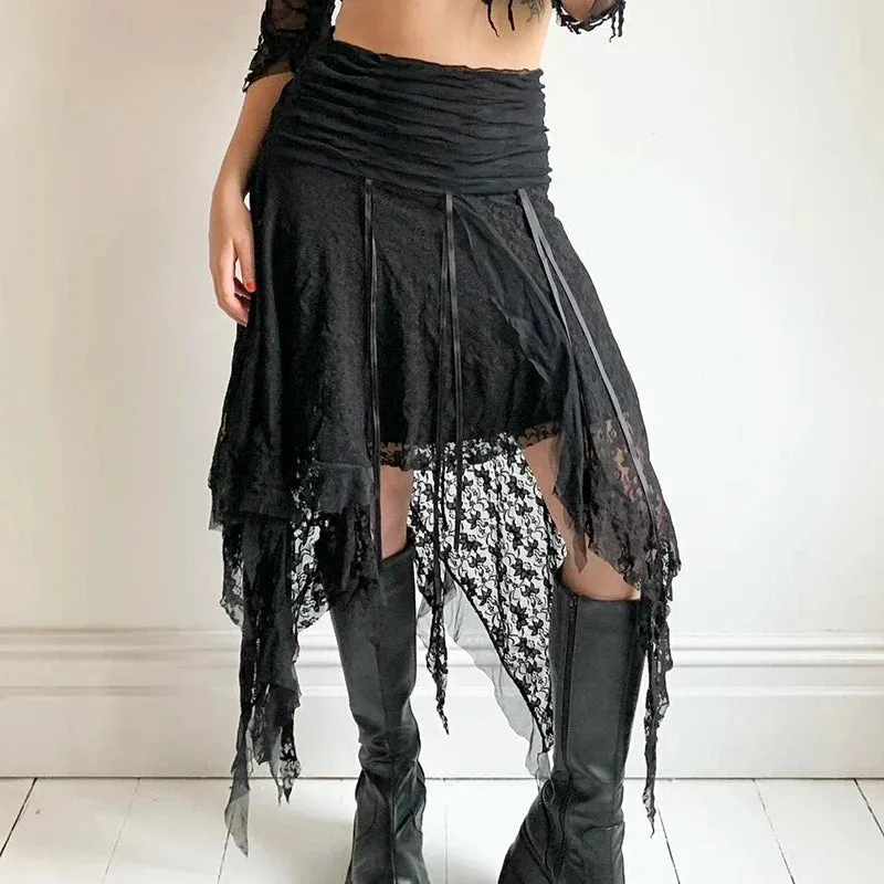 Amozae Lace Irregular Long Skirt Gothic Style Fashion Women Y2K Ribbon Hem Flowy Skirts Vintage Aesthetic Lady Party Outfits