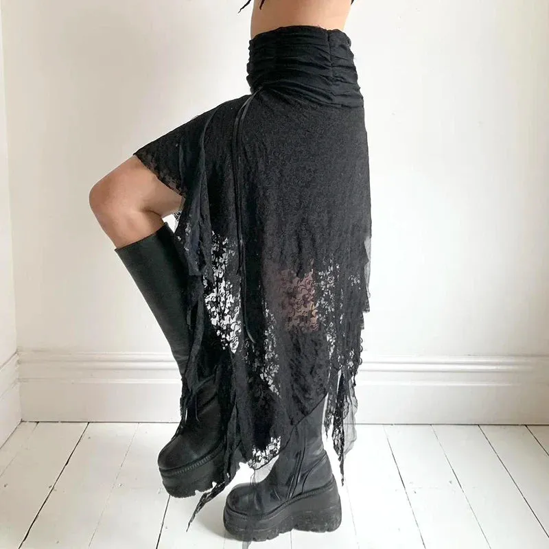 Amozae Lace Irregular Long Skirt Gothic Style Fashion Women Y2K Ribbon Hem Flowy Skirts Vintage Aesthetic Lady Party Outfits