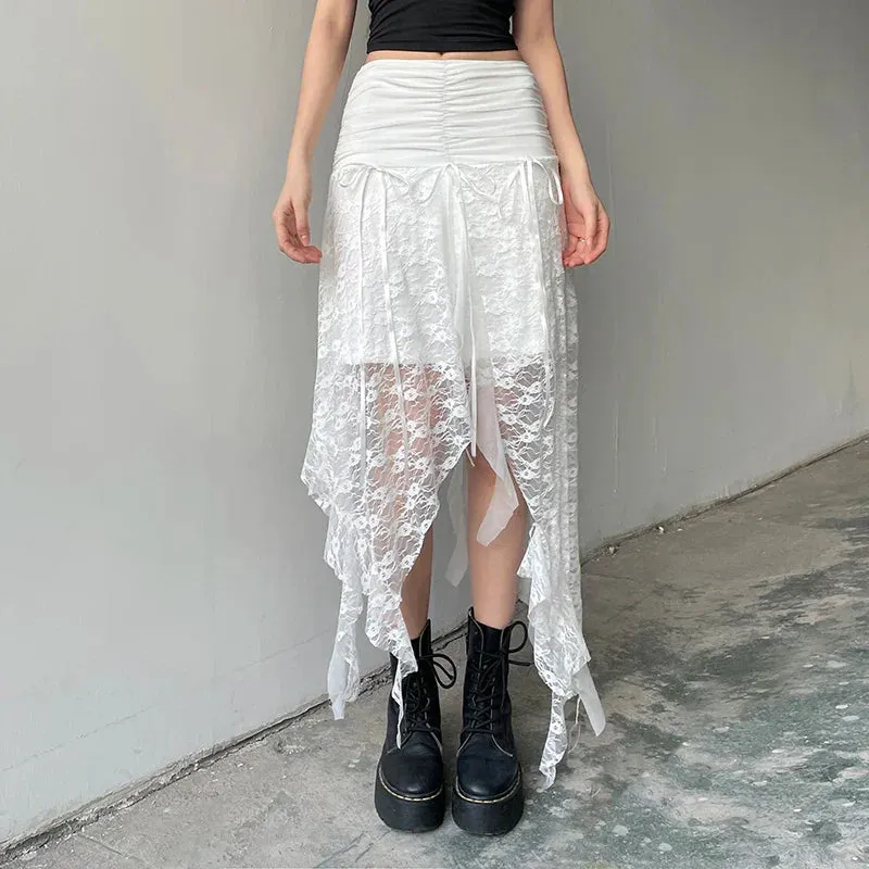 Amozae Lace Irregular Long Skirt Gothic Style Fashion Women Y2K Ribbon Hem Flowy Skirts Vintage Aesthetic Lady Party Outfits