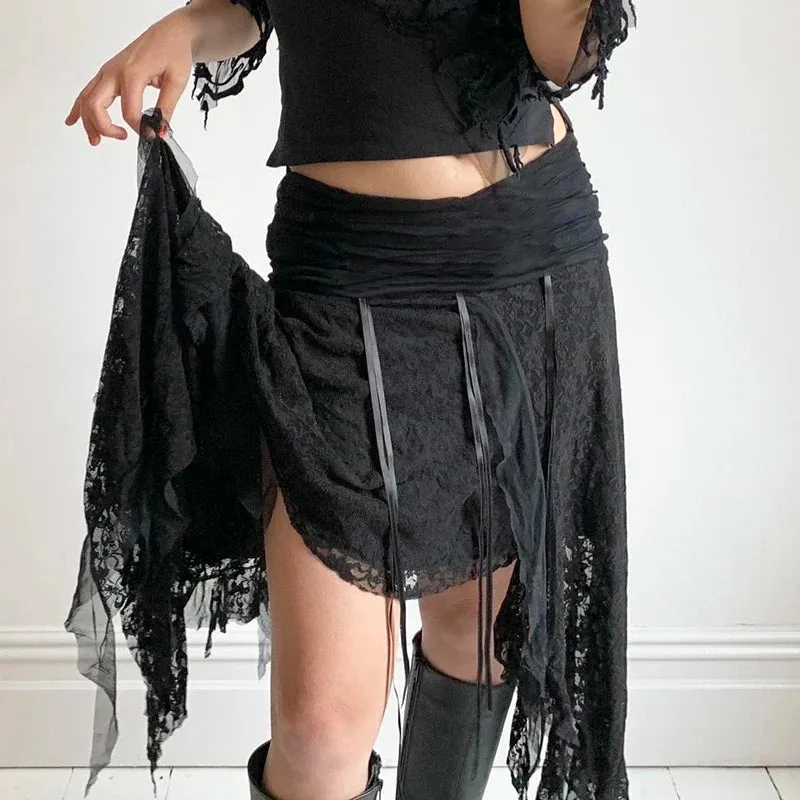 Amozae Lace Irregular Long Skirt Gothic Style Fashion Women Y2K Ribbon Hem Flowy Skirts Vintage Aesthetic Lady Party Outfits