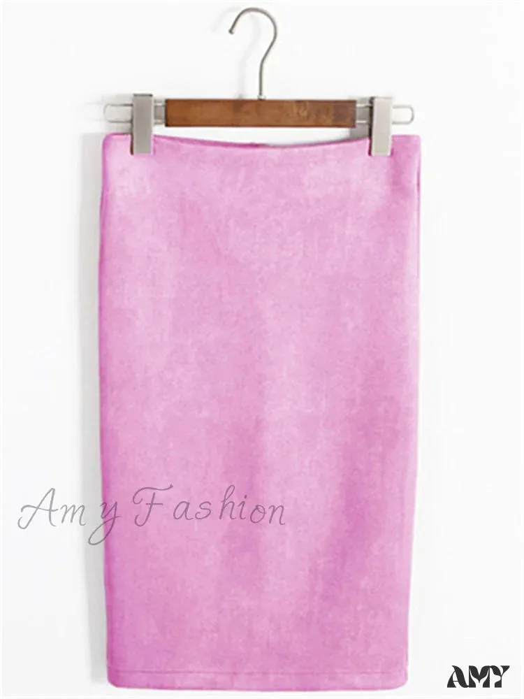 Amy Fashion - Multi Colors Korean Fashion Suede Midi Skirts