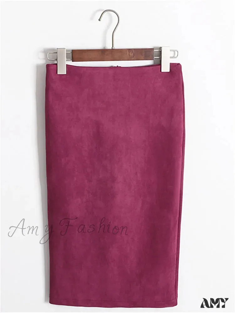 Amy Fashion - Multi Colors Korean Fashion Suede Midi Skirts