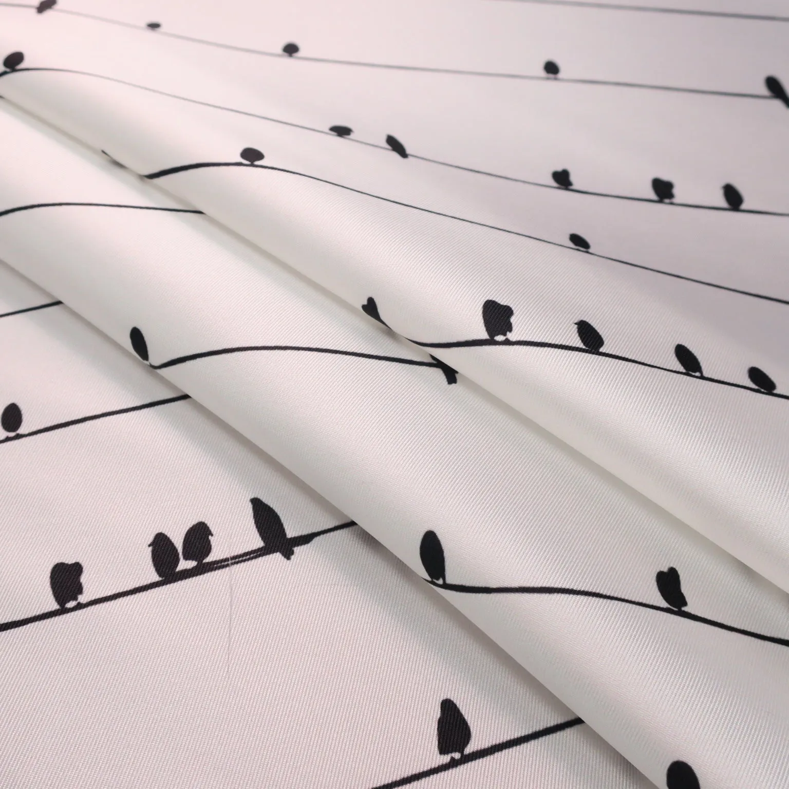 Black Birds on White Printed Polyester Mikado Fabric