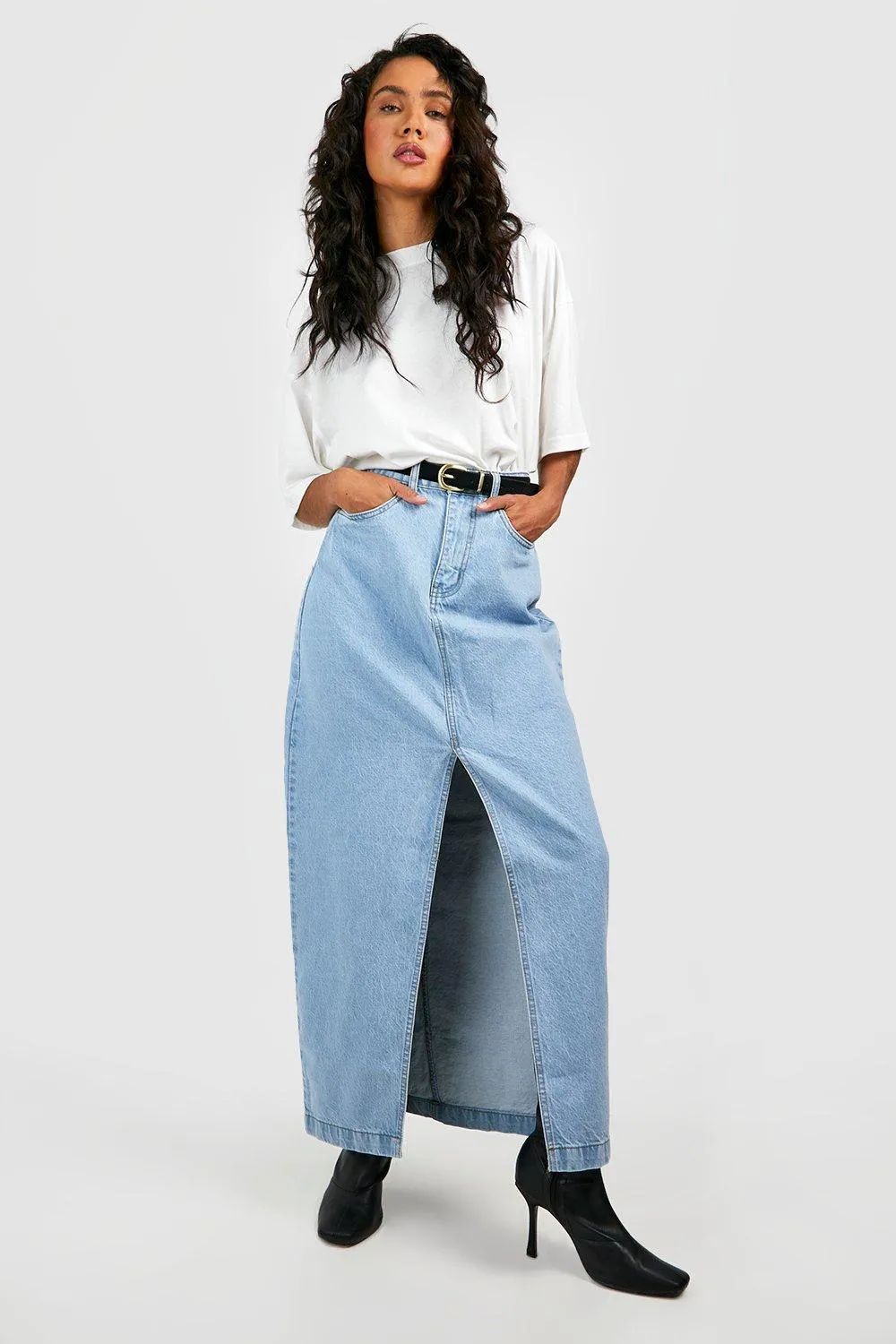 Boohoo Basic Split Front Denim Skirt, Blue