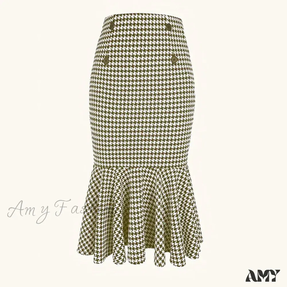 Elegant Houndstooth Printed Knee Length Fashion High Waist Slim Skirt