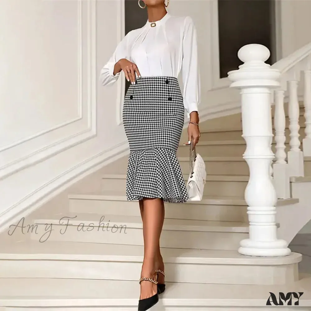 Elegant Houndstooth Printed Knee Length Fashion High Waist Slim Skirt