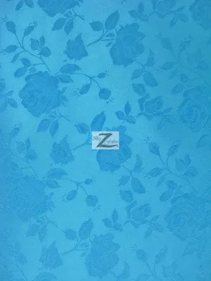 Floral Rose Jacquard Satin Fabric / Turquoise / Sold By The Yard