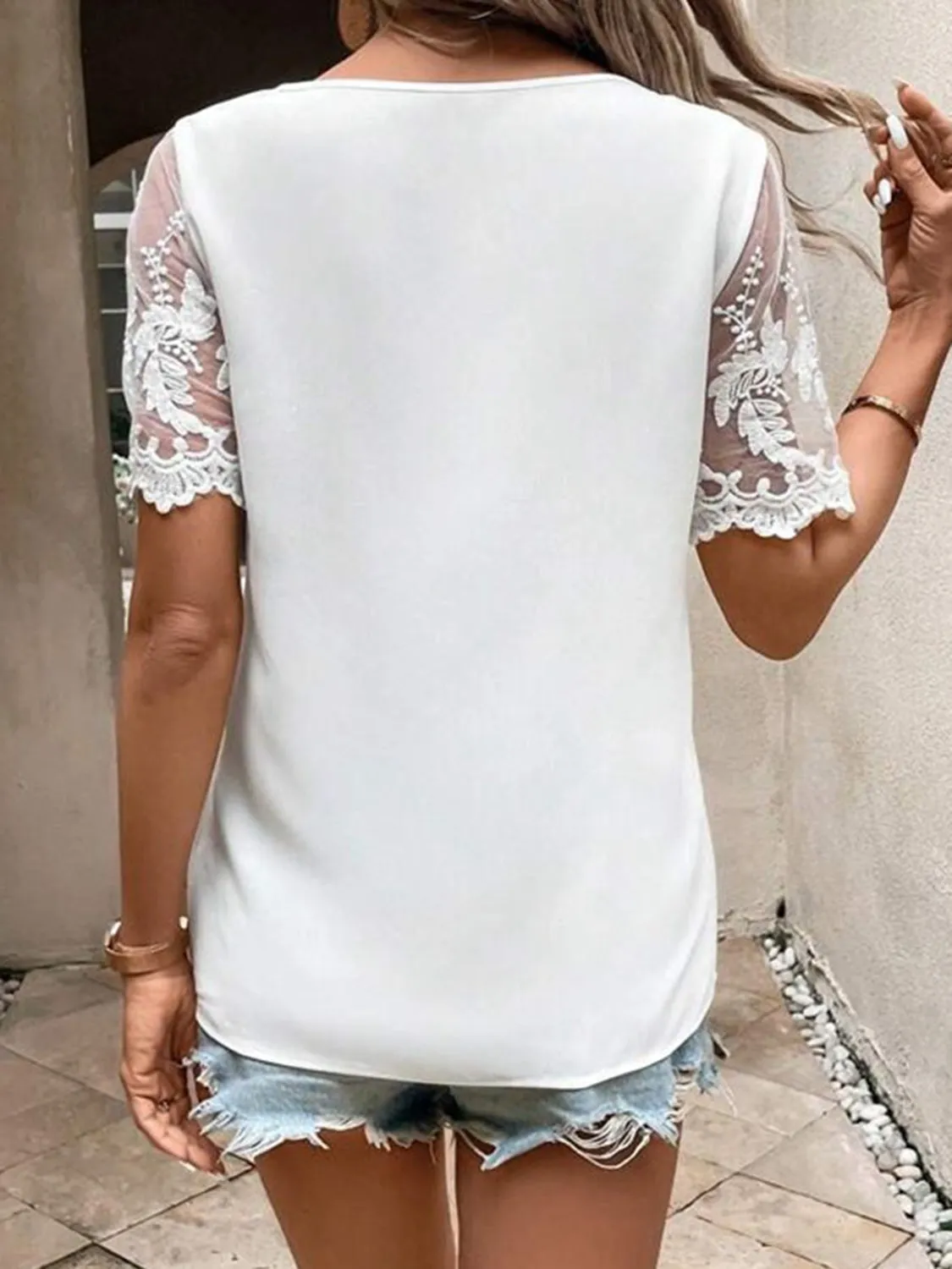 Full Size Asymmetrical Neck Short Sleeve Top with Lace Detail - Semi-Sheer, No Stretch