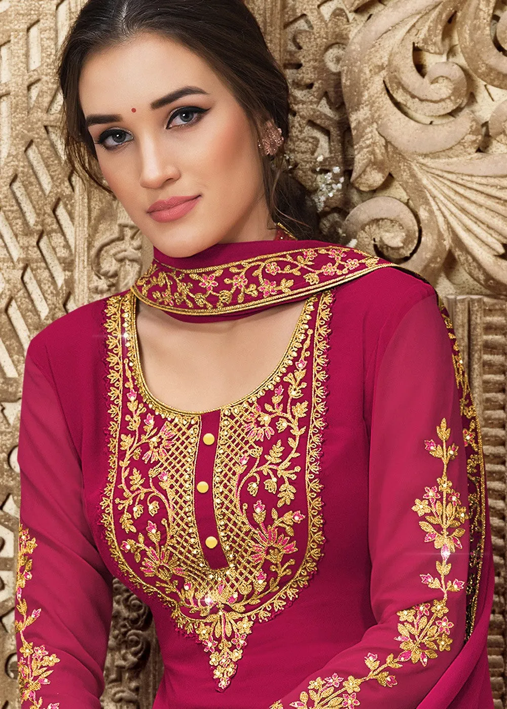 Georgette Cerise Pink Heavy Embroidered Pant Suit