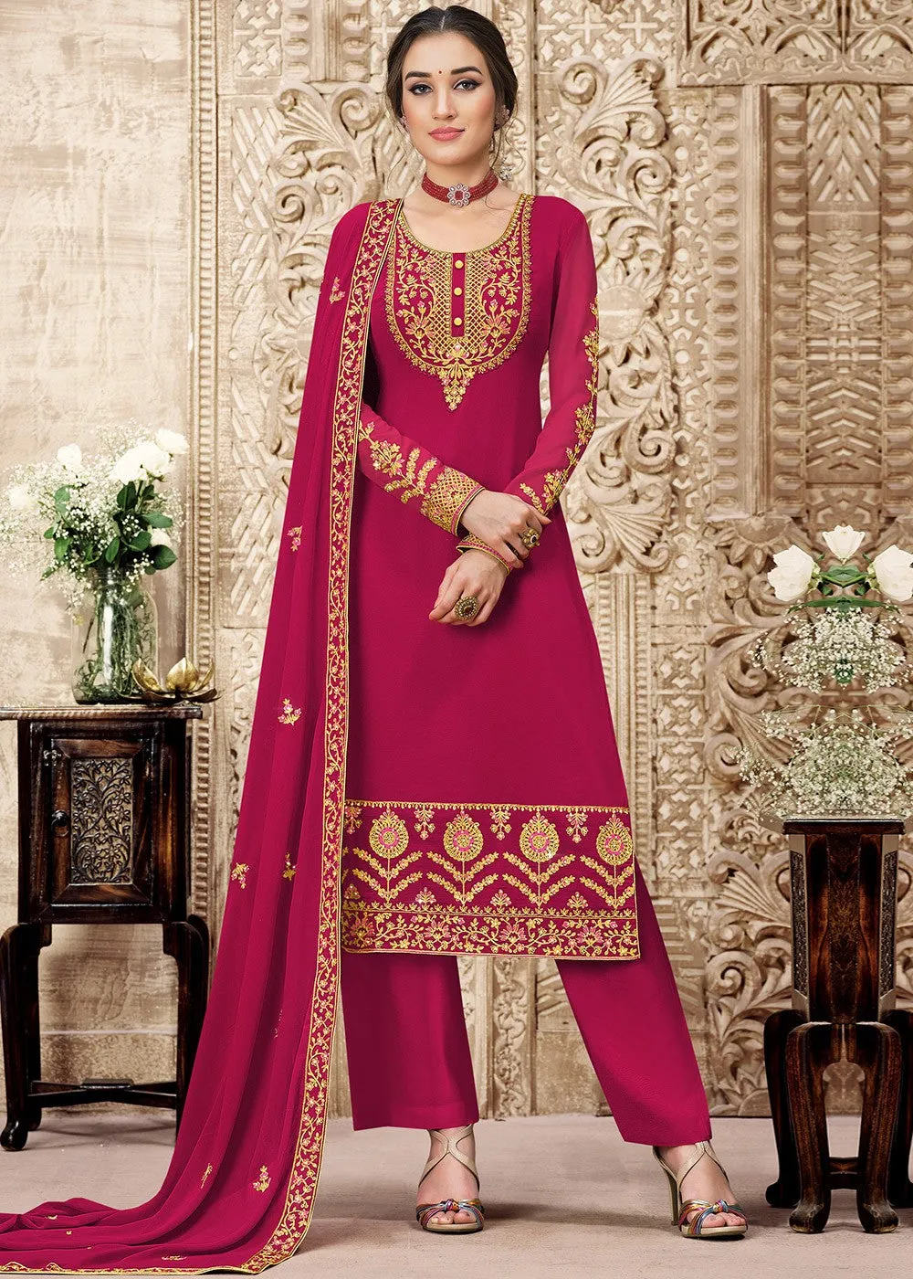 Georgette Cerise Pink Heavy Embroidered Pant Suit