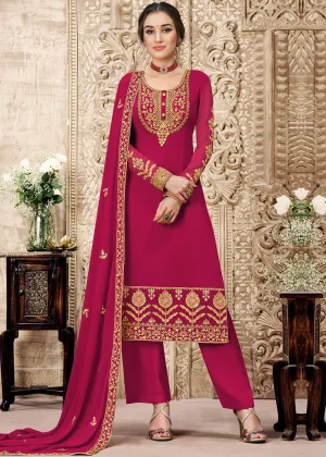 Georgette Cerise Pink Heavy Embroidered Pant Suit