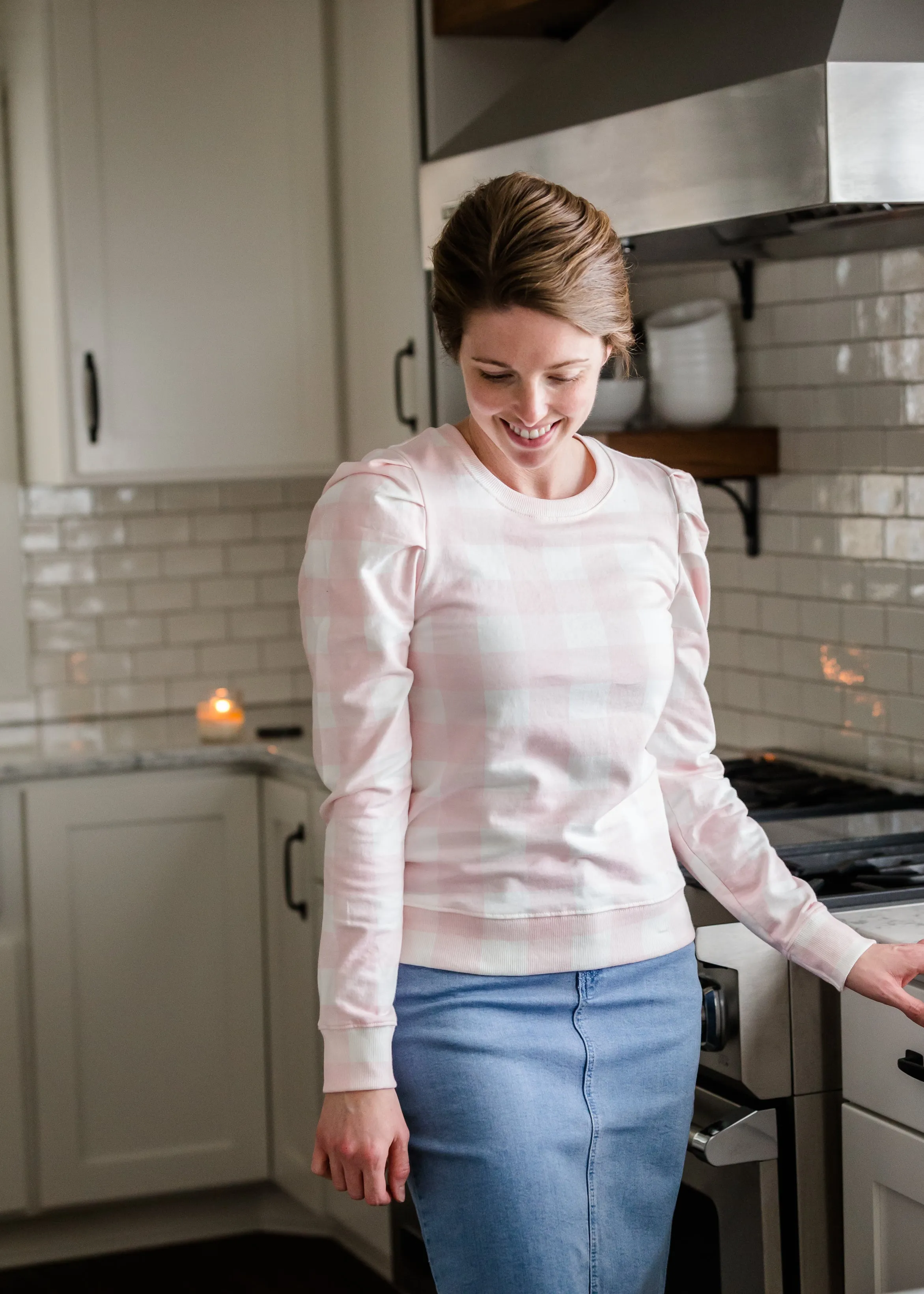 Gingham Blush Shirred Sleeve Sweater - FINAL SALE