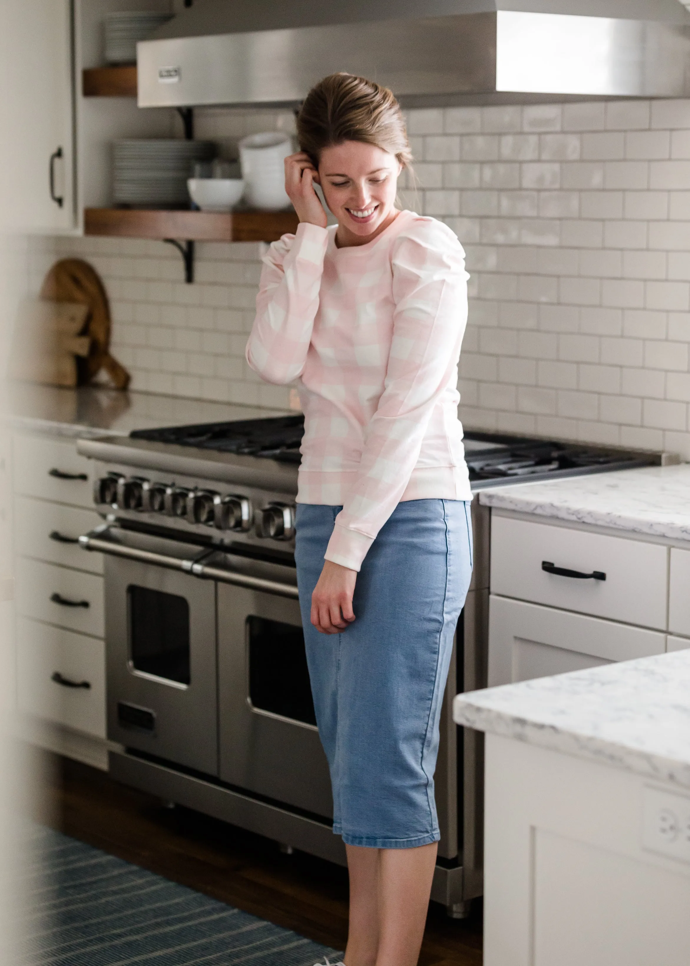 Gingham Blush Shirred Sleeve Sweater - FINAL SALE
