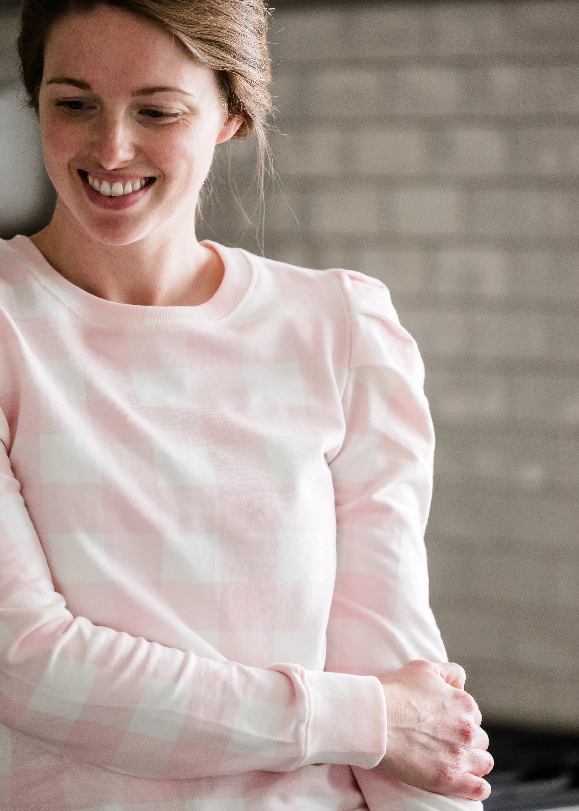 Gingham Blush Shirred Sleeve Sweater - FINAL SALE