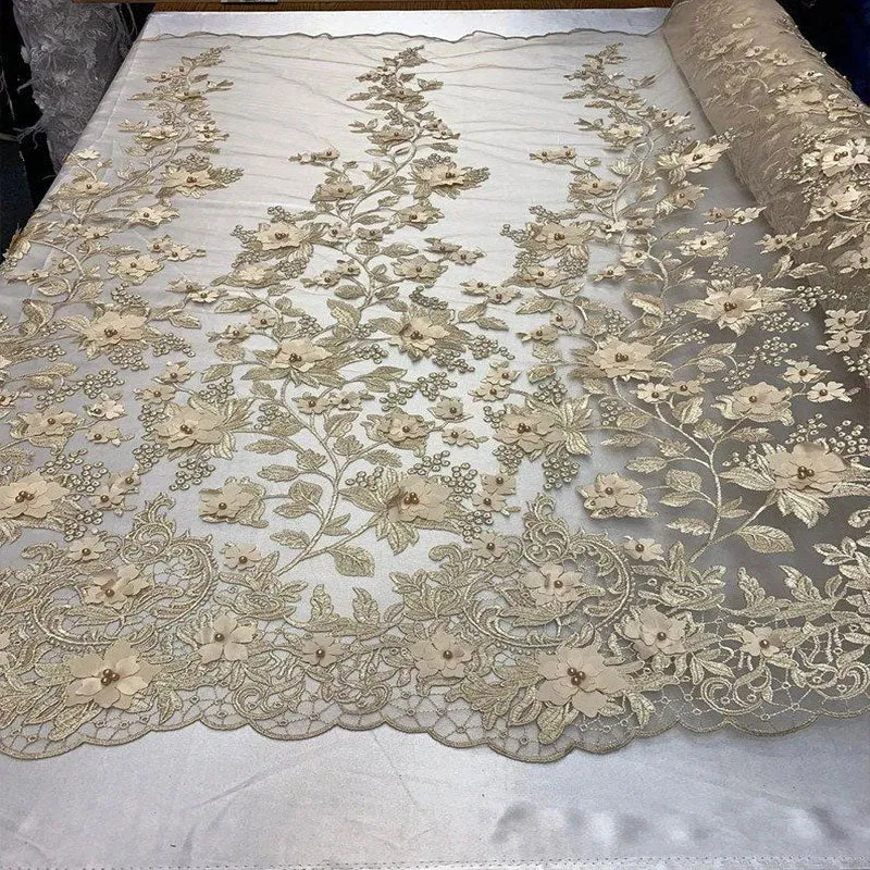 Handmade 3D Flowers Embroidered Beads And Pearls Beaded Mesh Lace Fabric