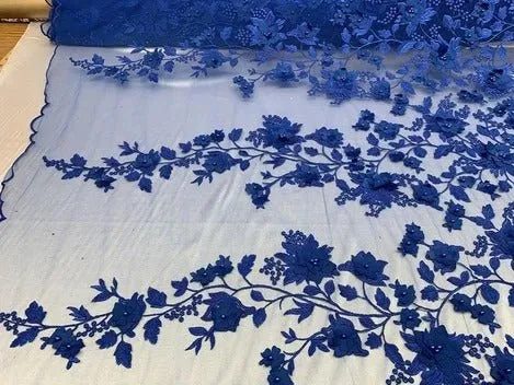 Handmade 3D Flowers Embroidered Beads And Pearls Beaded Mesh Lace Fabric