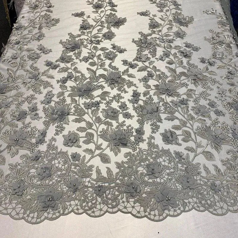 Handmade 3D Flowers Embroidered Beads And Pearls Beaded Mesh Lace Fabric