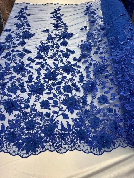 Handmade 3D Flowers Embroidered Beads And Pearls Beaded Mesh Lace Fabric
