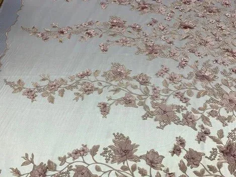 Handmade 3D Flowers Embroidered Beads And Pearls Beaded Mesh Lace Fabric