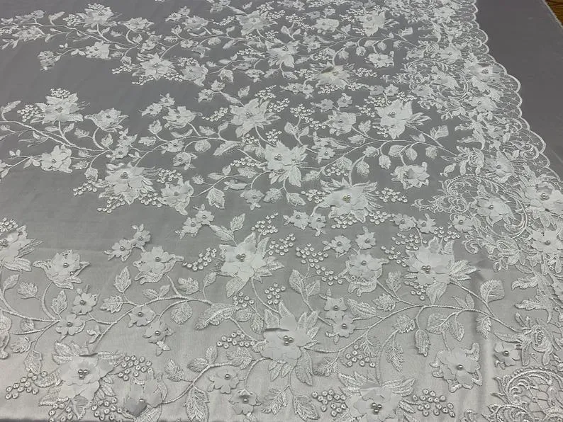 Handmade 3D Flowers Embroidered Beads And Pearls Beaded Mesh Lace Fabric