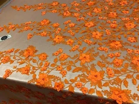 Handmade 3D Flowers Embroidered Beads And Pearls Beaded Mesh Lace Fabric