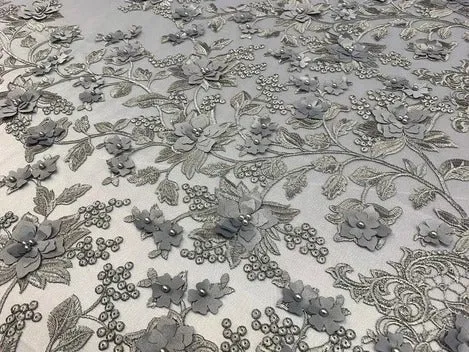 Handmade 3D Flowers Embroidered Beads And Pearls Beaded Mesh Lace Fabric
