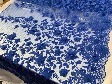 Handmade 3D Flowers Embroidered Beads And Pearls Beaded Mesh Lace Fabric