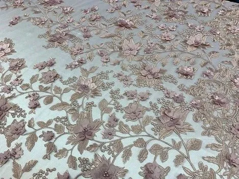 Handmade 3D Flowers Embroidered Beads And Pearls Beaded Mesh Lace Fabric