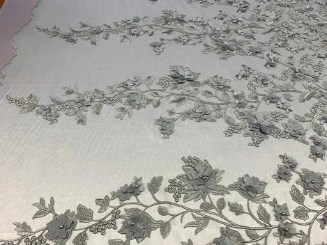 Handmade 3D Flowers Embroidered Beads And Pearls Beaded Mesh Lace Fabric