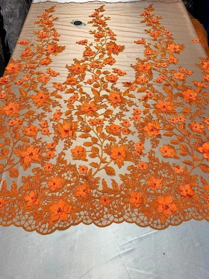 Handmade 3D Flowers Embroidered Beads And Pearls Beaded Mesh Lace Fabric