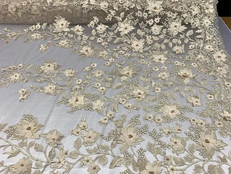 Handmade 3D Flowers Embroidered Beads And Pearls Beaded Mesh Lace Fabric