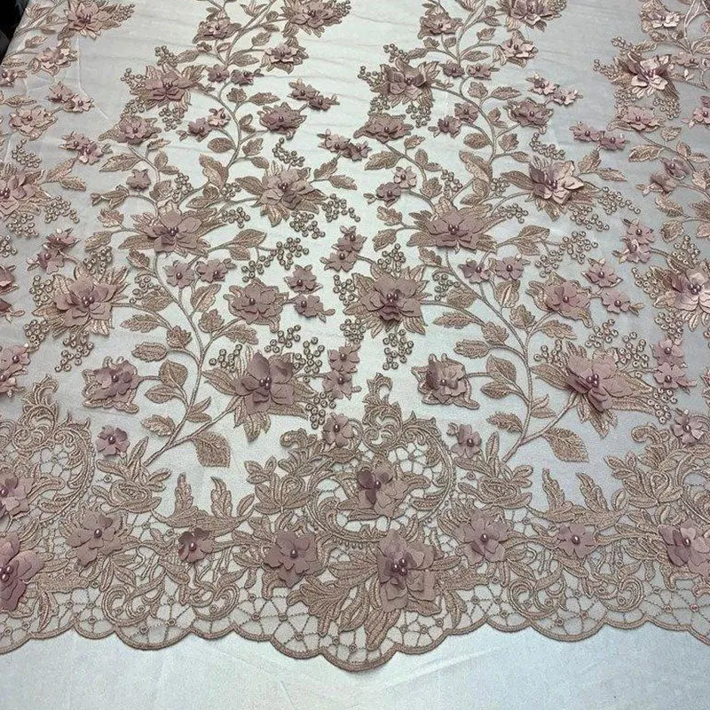 Handmade 3D Flowers Embroidered Beads And Pearls Beaded Mesh Lace Fabric