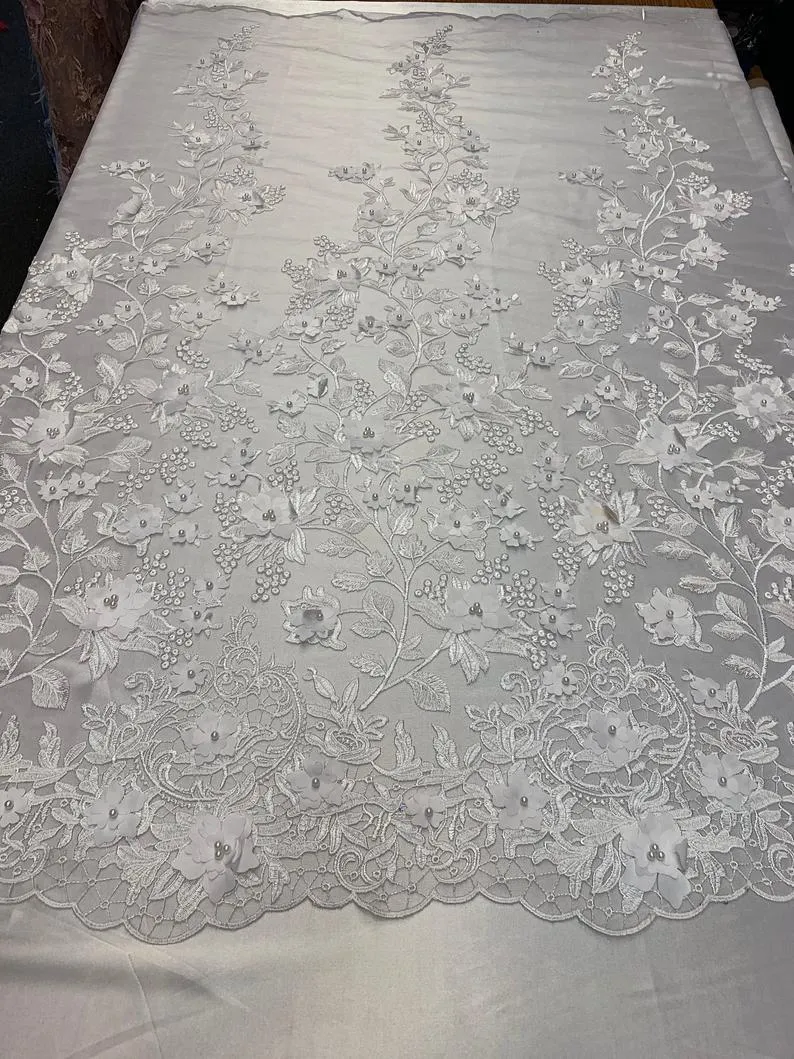 Handmade 3D Flowers Embroidered Beads And Pearls Beaded Mesh Lace Fabric
