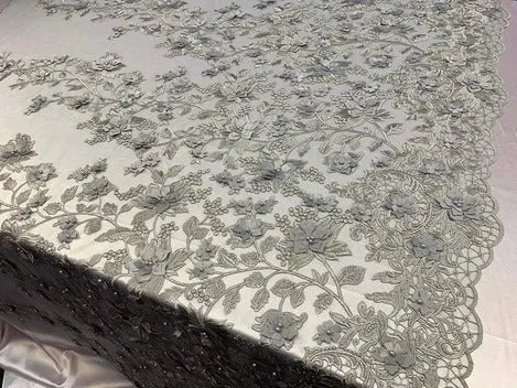 Handmade 3D Flowers Embroidered Beads And Pearls Beaded Mesh Lace Fabric