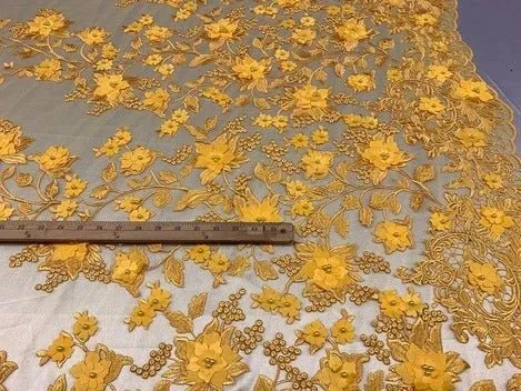 Handmade 3D Flowers Embroidered Beads And Pearls Beaded Mesh Lace Fabric