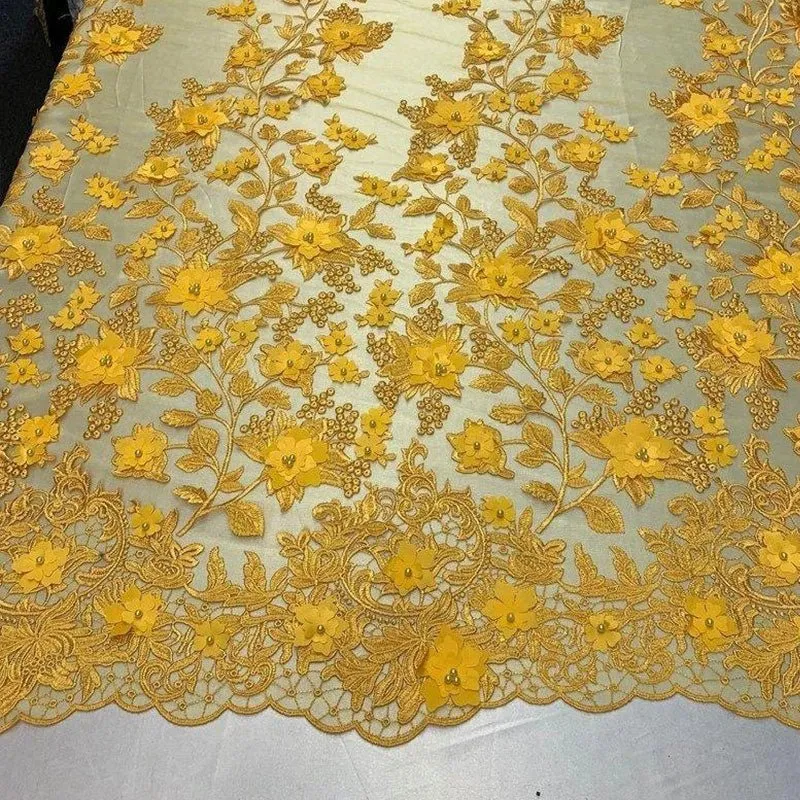 Handmade 3D Flowers Embroidered Beads And Pearls Beaded Mesh Lace Fabric