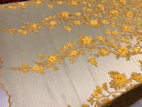 Handmade 3D Flowers Embroidered Beads And Pearls Beaded Mesh Lace Fabric