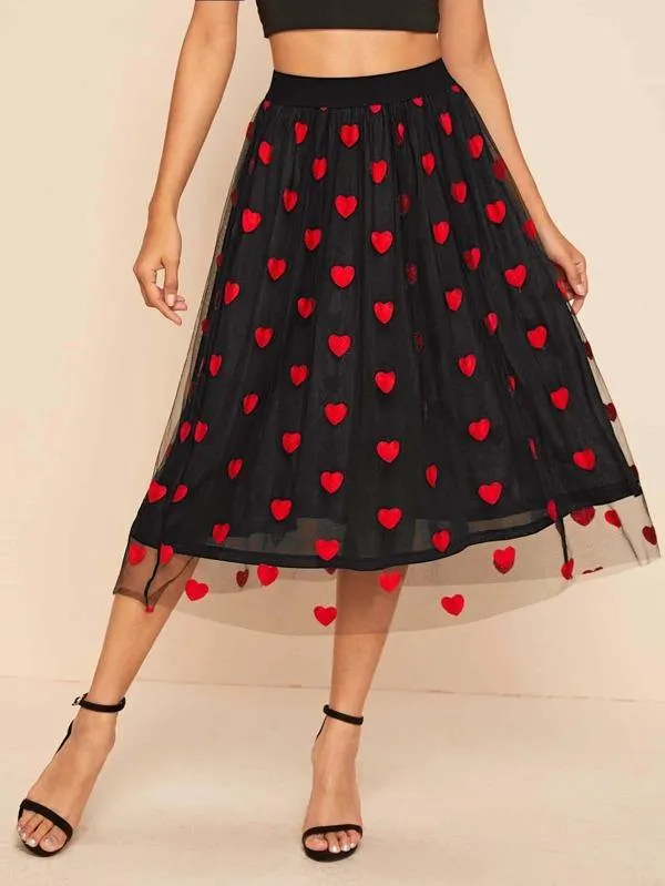 Heart Embroidery Mesh Flare Skirt